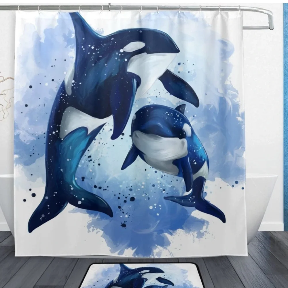 Qilmy Painting Two Killer Whales Shower Curtain Set with 12 Hooks,66 x 72 Inch